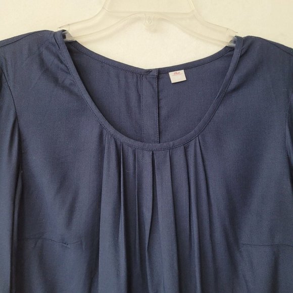 S Oliver Top Women 10 Navy Blue Button‎ Back Long Sleeve Blouse Pleated - Picture 2 of 14